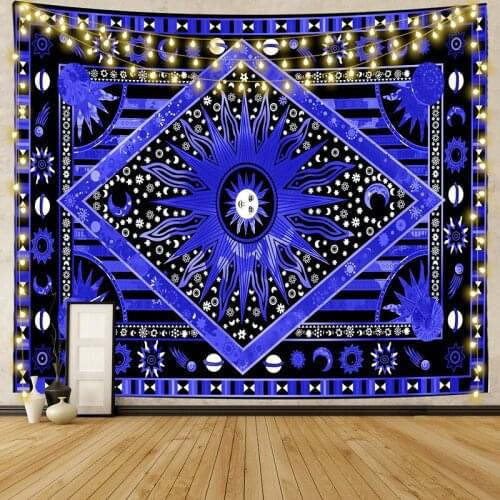 Beautiful Blue Mandala Landscape Tapestry Vintage Exotic Summer Plant Nature Frame for Bedroom Photography Wall Decor