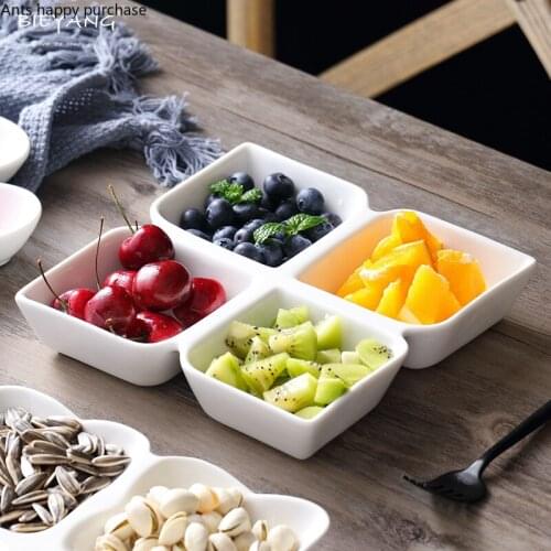 Creative Modern Ceramic White Fruit Platter Household Four Grid Square Snack Dried Fruit Candy Plate Kitchen Utensils Porcelain