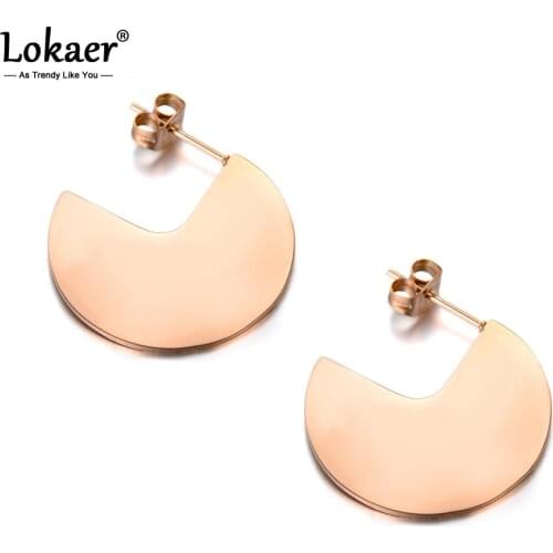 Lokaer Stainless Steel Jewelry Notched Disc Exaggerated Rose Gold Color Stud Earrings Bijoux Brincos Pendientes Mujer E18070