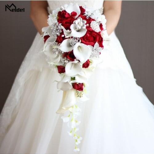 Meldel Bride Waterfall Wedding Bouquet Artificial Rose Calla Lily Flower Marriage Supplies Fake Diamond Pearl Luxurious Bouquets