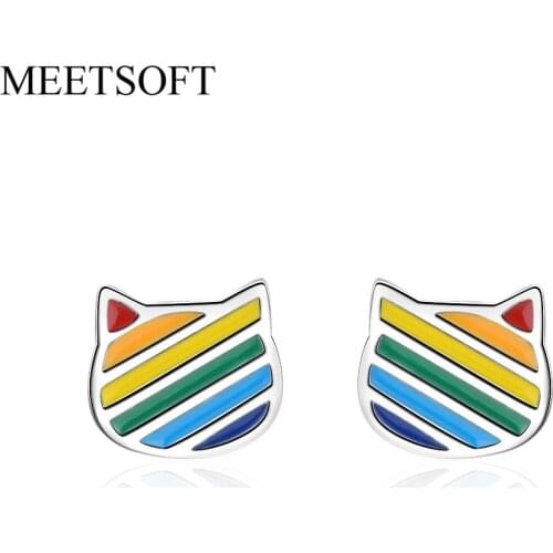 MEETSOFT Silver Plated Prevent Allergy Fashion Stud Earrings for Women Design Trendy Rainbow Cat Resin Small Jewelry Gift