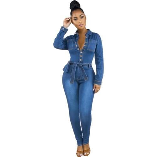 Fashion Casual Sexy Front Open Cotton Jeans Jumpsuit Denim Playsuit with Sashes Pocket Women 2021 Bandage Bodycon Jeans Overalls