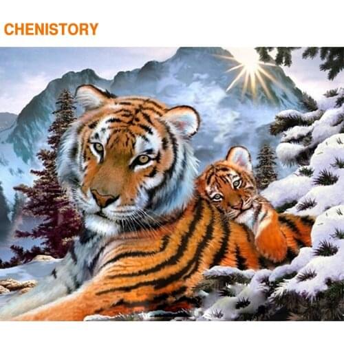 CHENISTORY Frameless Tiger Love DIY Painting By Numbers Kit Animals Modern Wall Art Handpainted Unique Gift For Home Decor 40x50