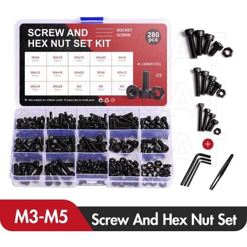 M3 M4 M5 Black Carbon Steel Socket Allen Round Flat Head Organizer Screws Set Hex Nuts Hand Tools Kit 280 Pcs Diy Bolts Nut Set