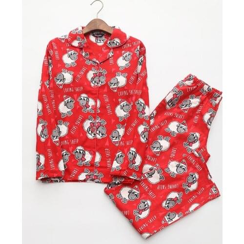 Lovely sheep 100% brushed cotton women nightwear warm pajamas set sexy pyjama femme red sleepwear pijamas mujer Plus Size