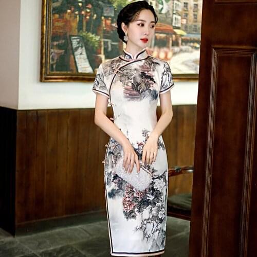Print Flower Sexy Mid Length Chineses Dresses Oversize 3xl 4xl Satin Qipao Mandarin Collar Cheongsam Summer New Women Vestidos