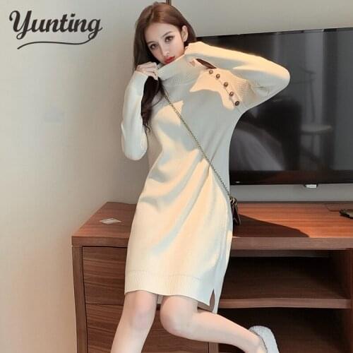 Womens Knitted Sweater dress Turtleneck Autumn Winter warm Casual Long Sleeve Dress for female
