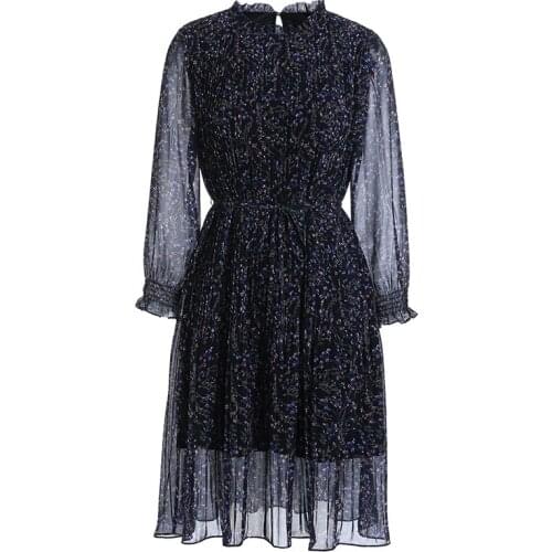 Gowani Floral Chiffon Ruffle Sheer Sleeve A-line Dress High Quality Women Elegant Wear