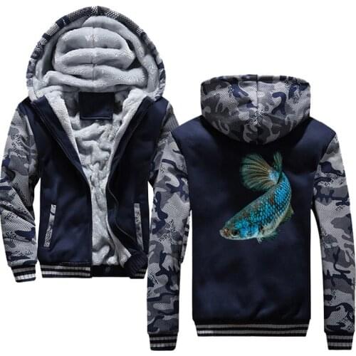 Fish Print Sweatshirt New Men Thicken Cotton Hoodie Casual Hip Hop Jackets Tops Harajuku Streetwear