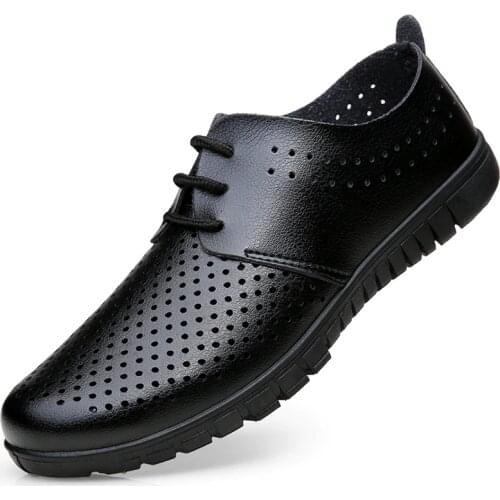Soft Leather Mens Leather Casual Shoes Summer Breathable Hollow Out Mens Flat Leather Shoes Solid Slip on Mens Flats