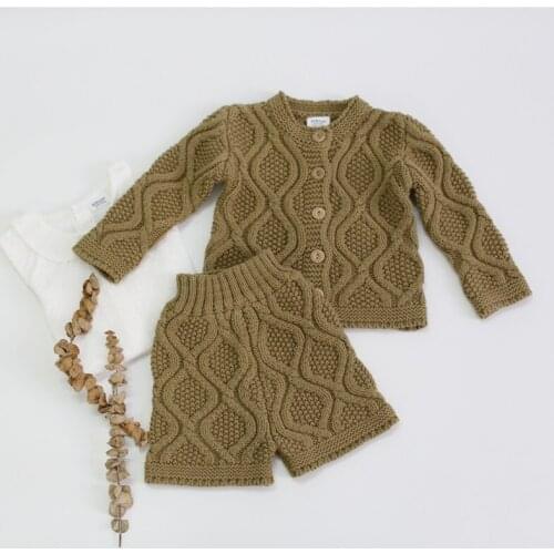 Vintage cotton knitted girls clothing set wheat shape knitted cardigans+short pants suit for boy and girls outfits children