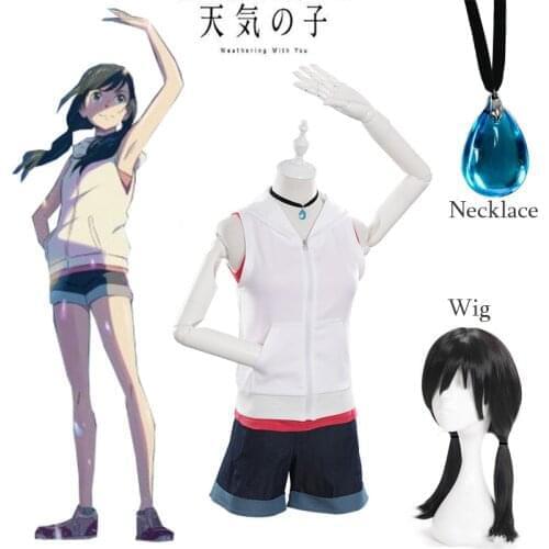 Weathering with you Amano Hina T-shirt Tops Hoodie Shorts Uniform Cosplay Costumes Black Long Double Pony Tay Halloween Cos Prop