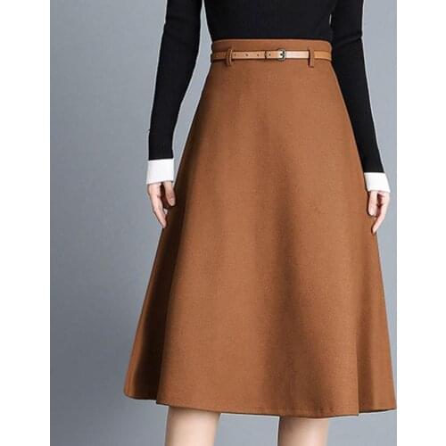 Plus size 3XL Elegant Woolen Skirt Women knee-length Skirt Autumn Winter New A Line High Waist Big Swing Skirts