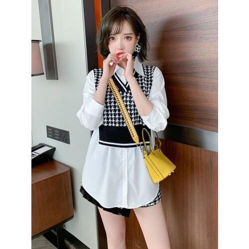 Fashionable thousand bird Plaid knitted stitching fake two versatile shirt womens wear 2021 Spring new High Quality Top Quality