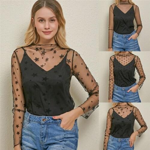 Womens Sexy Mesh Sheer Lace Blouses Perspective Long Sleeve Stand Collar Mesh Tops Striped Polka Dot Stars Party Tee Blouses