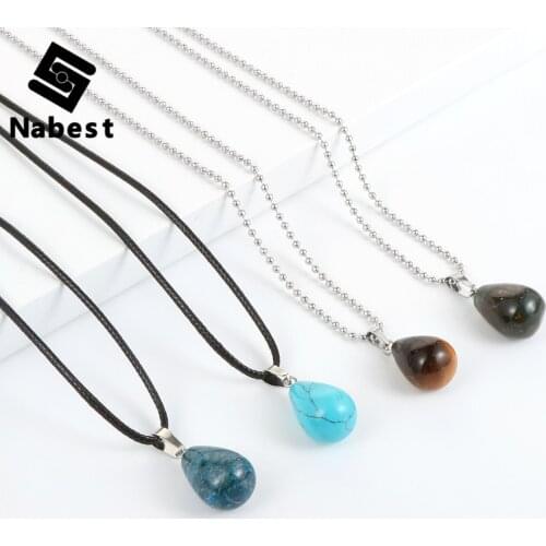 Women Men Natural Stone Tiger Eye Water Drop Pendant Necklace Opal Onyx Charm Adjustable Alloy ball Chain Clavicle Chain Jewelry