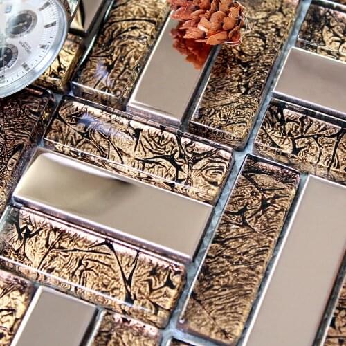 Strip-type golden stainless steel gold foil glass metal mosaic tile kitchen bathroom fireplace store decor puzzle wall sticker
