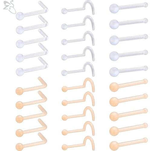 ZS 10pcs/lot Bioflex Acrylic Nose Piercing For Women Men 2MM Clear Skin Color Nose Retainer 3 Shapes Nostril Piercing Jewelry