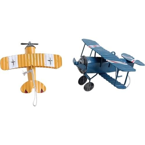 Promotion! 2 Pcs Retro Airplane Figurines Metal Plane Model Vintage Glider Airplane Home Decor Miniatures, Blue & Yellow
