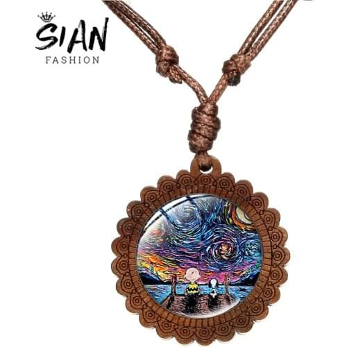 SIAN Van Gogh Painting Series Necklace The Starry Night Sunflowers Art Glass Picture Impressionism Wood Pendant 22 Styles Unisex