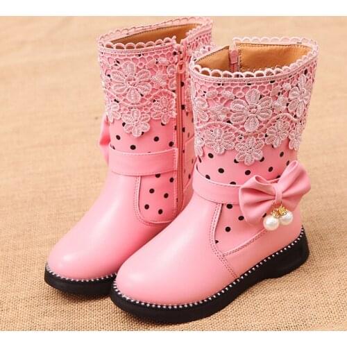 Girls Boots Warm Cotton Kids Fashion Boots Children Winter Shoes For Girls Snow Boots PU Leather Lace Bow-knot Sweet