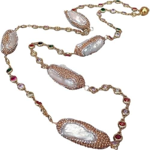 YYGEM sweater chain " Cultured White Biwa Pearl Multi Color Cz Pave Rosary Gold plated Chain Long Necklace