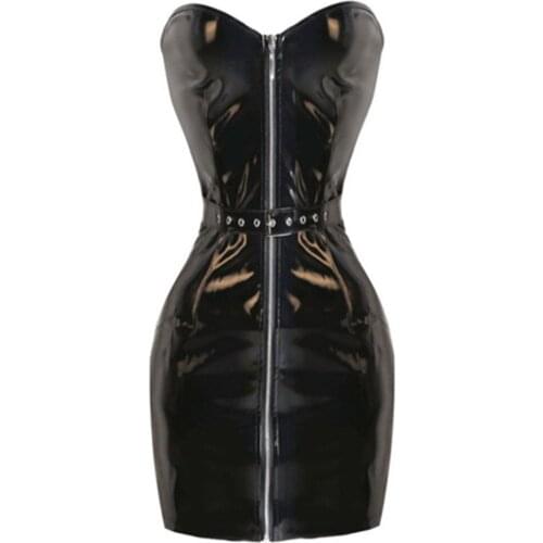 Black PVC Latex Vinyl Dress Zipper Adjustable Button Shiny Clubwear Bodycon Mini Dress Faux Leather Push Up Bra Mini Dress