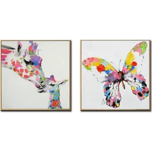 Two Colorful Giraffes And One Colorful Butterfly Abstract Oil Painting On Canvas Wall Art Home Decor Picture Modern Hand Painted
