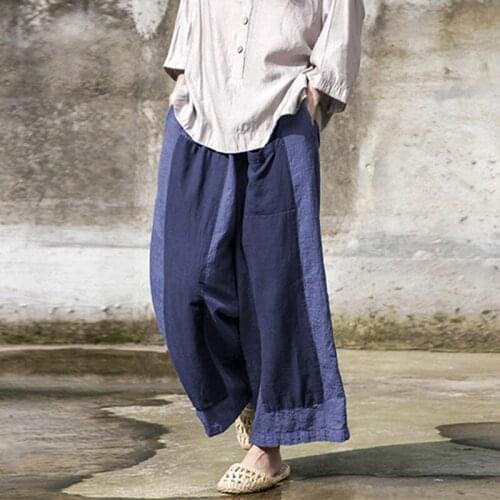 Johnatrure 2021 Spring Women Patchwork Loose Pants New Casual Simple Elastic Waist Cotton Linen Long Wide Leg Pants