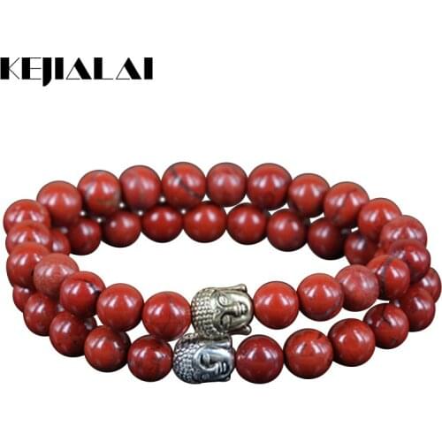 KEJIALAI 2pcs Hot Beaded Natural Rhodonite Stone Round Beads Charm Women Bracelet Mercy Buddha Head Men Stretch Bracelet A0556