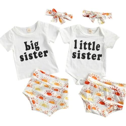 Big Little Sister Short Sleeve Romper Bodysuits Tshirts Elastic Head Triangle Shorts Bowknot Hairband Children Clothes Set