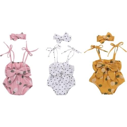 2020 Summer New Toddler Girls Sleeveless Romper Pineapple Print Boat Collar Suspender Jumpsuit + Headband Set 0-24M Clothing