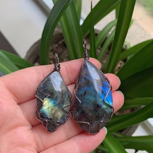 Healing Stone Natural Labradorite Pendant Big Leaf Teardrop Pendulum Wire Wrapped Shiny Grey Moonstone Pendant Pendulo Female