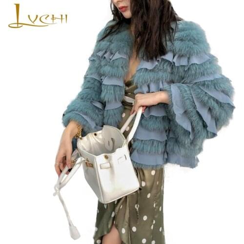 LVCHI 2019 Winter Finland Import Fox Fur Coats O-Neck Natural Fox Fur Coat Womens Fog blue Slim strip Lady Short Fox Fur Coats