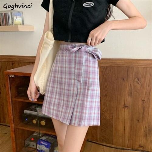 High Waist Plaid Mini Skirts Women Bow Preppy Students A-line Sweet Purple Faldas Pleated Girl Summer Slim Streetwear Gentle Ins