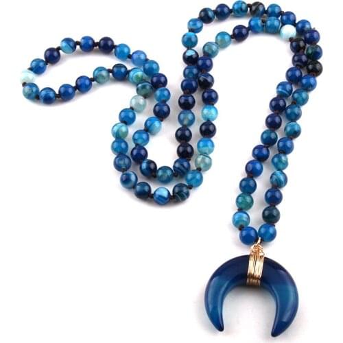 MOODPC Fashion Bohemian Tribal Jewelry Semi- Precious Stones Long Knotted Stone Moon Pendant Necklaces