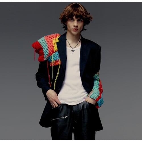 Men Clothing Fashion Week Show Models Blazer Jackets Handmade Knitted Woolen Loose Suits Singer Stage Costumes