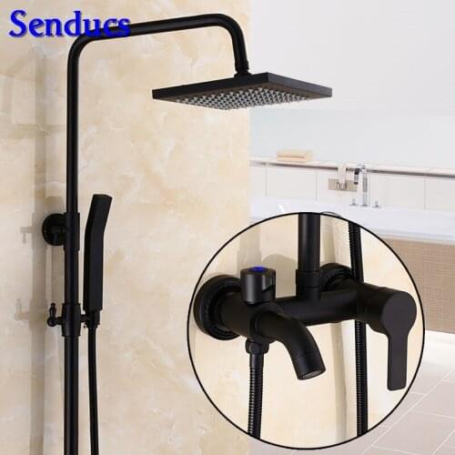 Senducs Black Shower Set Rainfall Square Shower Faucet Newly Design Brass Bathroom Shower System Hot Cold Black Shower Set