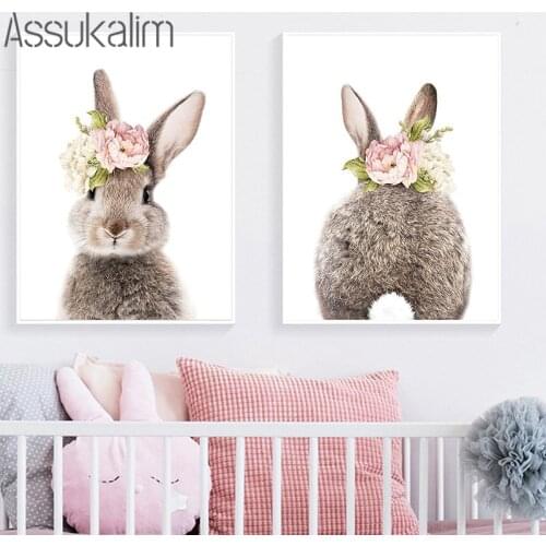 Animals Posters Nursery Wall Paintings Rabbit Poster Bunny Prints Bubble Gum Print Flower Peony Pictures Girls Bedroom Decor
