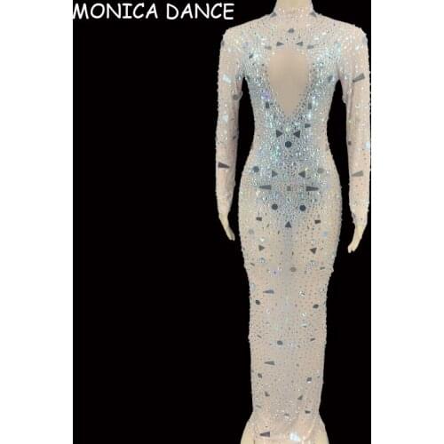 Nightclub Sexy Sparkly Silver Rhinestone Mirror Transparent Long Dress Evening Birthday Celebrate Costume Women Dance Dress