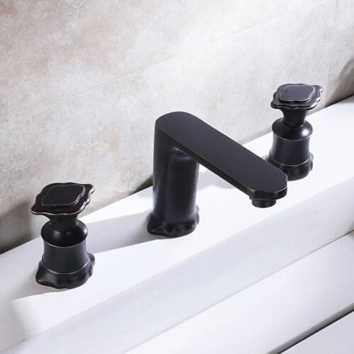 Basin Faucets Polished Black Oil Brass North American style Bathroom Sink Faucet widespread 3 Hole Bathroom basin Mixer