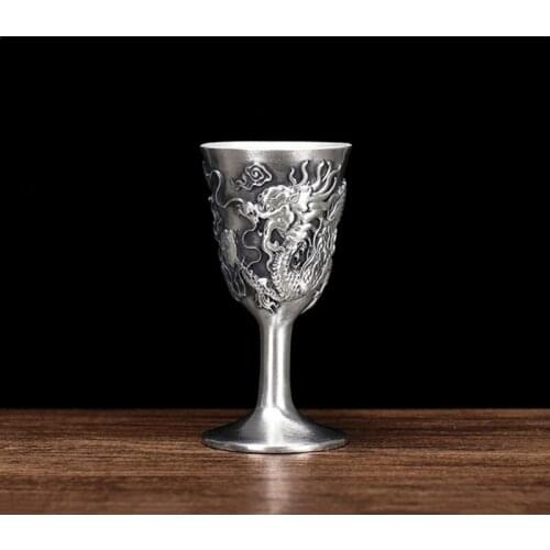 Sterling Silver 999 Handmade Retro Small Wine Glass Goblet White Spirit Home Antique Hundred Blessing Lucky Dragon Pattern Cups
