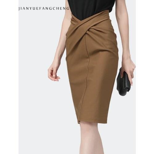 Mid-Length Ladies Pencil Skirt Brown Crossed Shirring Design Summer Wrapped Skirts High Waist Zip Up Back Split Office Bottoms