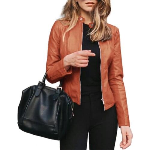 2021 Womens Leather Jacket Motor Biker Zipper Solid Color Stand Collar Autumn Winter Thick Warm Coat Top Streetwear