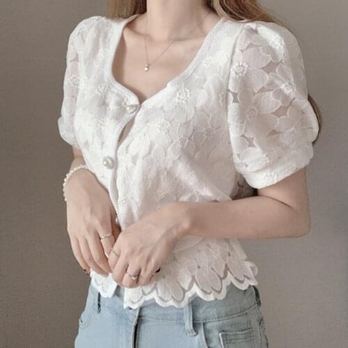 Korean Fashion Women Clothing 2021 Ladies Tops Solid Bubble Sleeve Short Lace Top Button Down Shirt Beading Elegant Fashion 1009