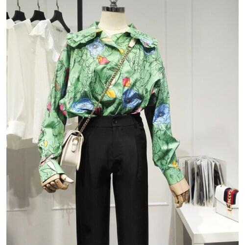 Womens Spring Autumn Runway Fashion Print Green Plus Size Shirt Female High Waist Casual Loose OL Blouse Tees Tops TB1613