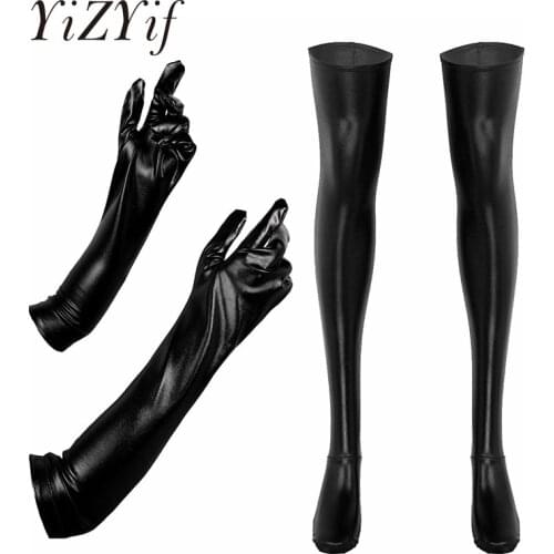Women Shiny Metallic Long Gloves with Stockings Patent Leather Wet Look Night Club Dancing Party Cosplay Fancy Ball Costume