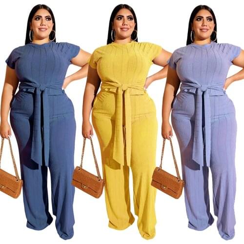 Plus Size Women Clothing Two Piece Set 5xl Fashion Round Collar Short Sleeves Bandage Tops Pant Suits Wholesale Dropshipping
