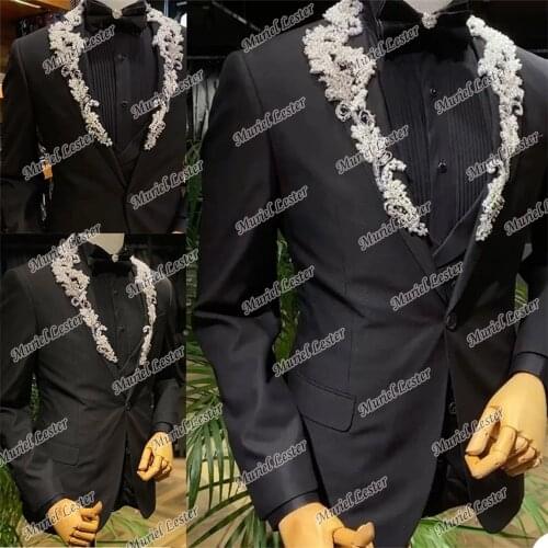 Spring/Autumn Crystals Beaded Wedding Blazer Custom Made Formal 2 Pieces Jacket With Vest Slim Fti Set Black Grooms Tuxedos