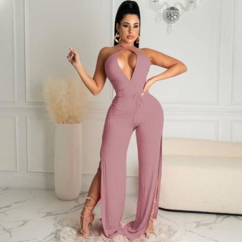 Elegant Knitted Rib Jumpsuit Women Summer 2021 Sexy Halter Cross Lace Up Backless Wide Leg Pants High Slit Slim Romper Overalls